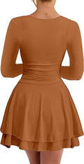 Women's Square Neck Ruffle Hem Mini Dress Ruched Waist Long Sleeve Corset Short Party Dresses