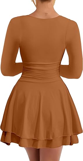 Women's Square Neck Ruffle Hem Mini Dress Ruched Waist Long Sleeve Corset Short Party Dresses