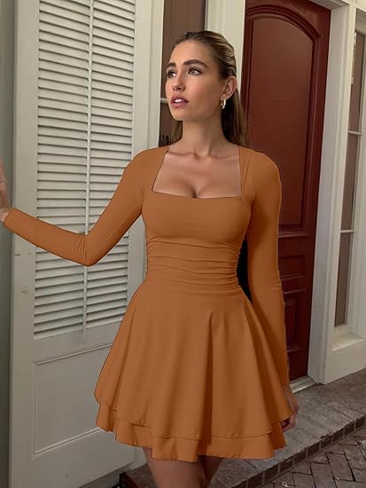 Women's Square Neck Ruffle Hem Mini Dress Ruched Waist Long Sleeve Corset Short Party Dresses